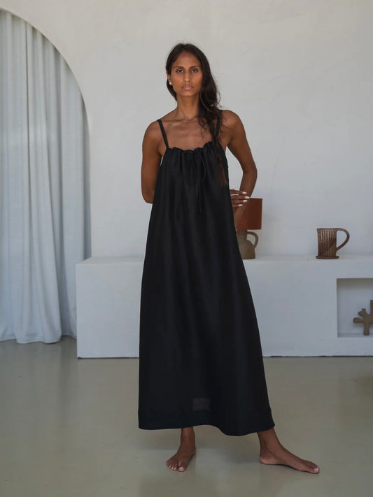 Lilly Pilly Nova Linen Silk Dress-Black