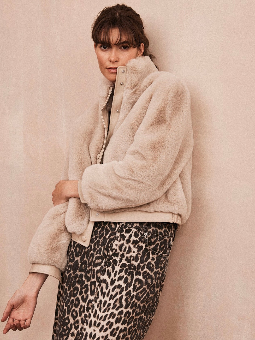 Issy London Jolie Neutral Faux Fur Bomber Jacket