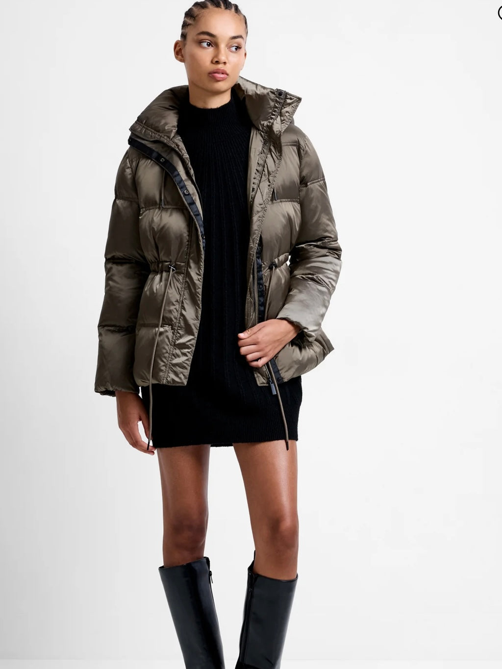 French Connection Kendra Hooded Puffer Jacket-Khaki