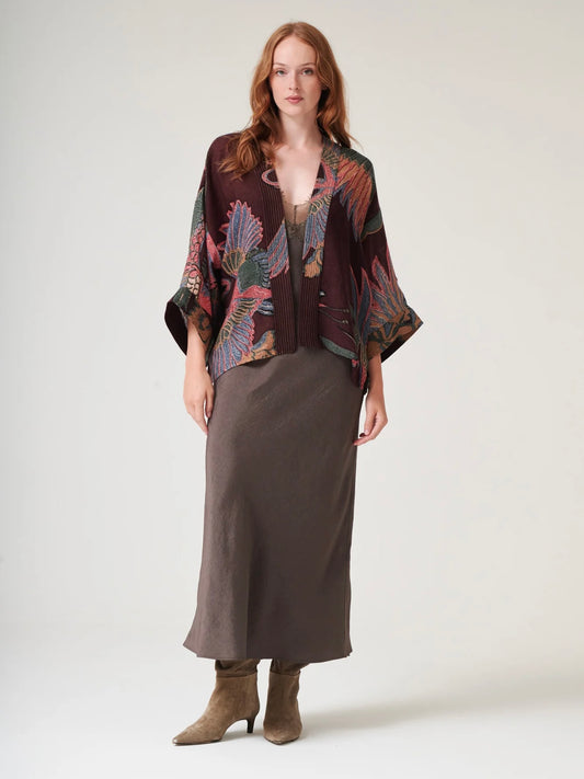 One Hundred Stars Crane Plum Wool Kimono