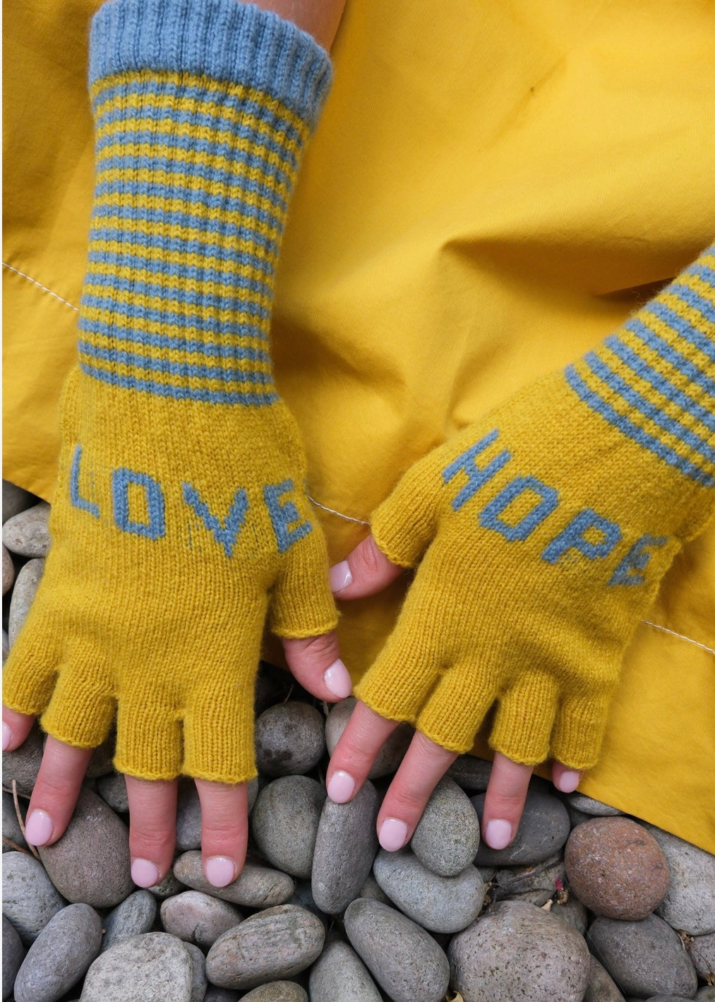 Quinton + Chadwick Fingerless Gloves Love Hope Yellow/Petrol Blue