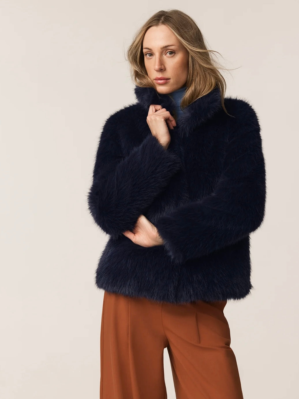 Issy London Halle Deep Navy Blue Faux Fur Jacket