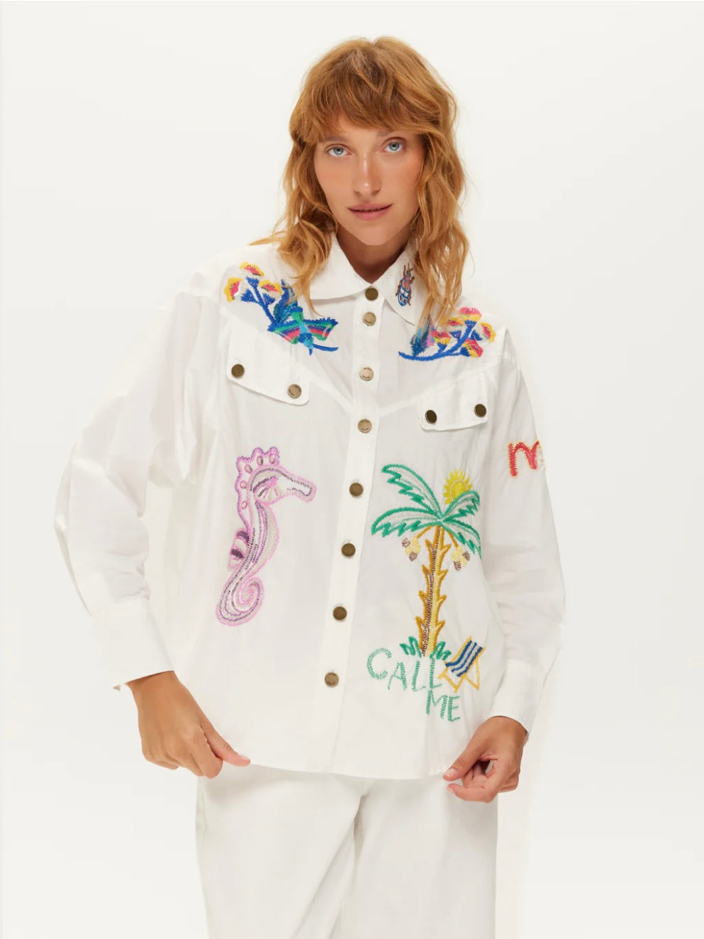 Me369 Adelyn White Oversized Embroidered Shirt