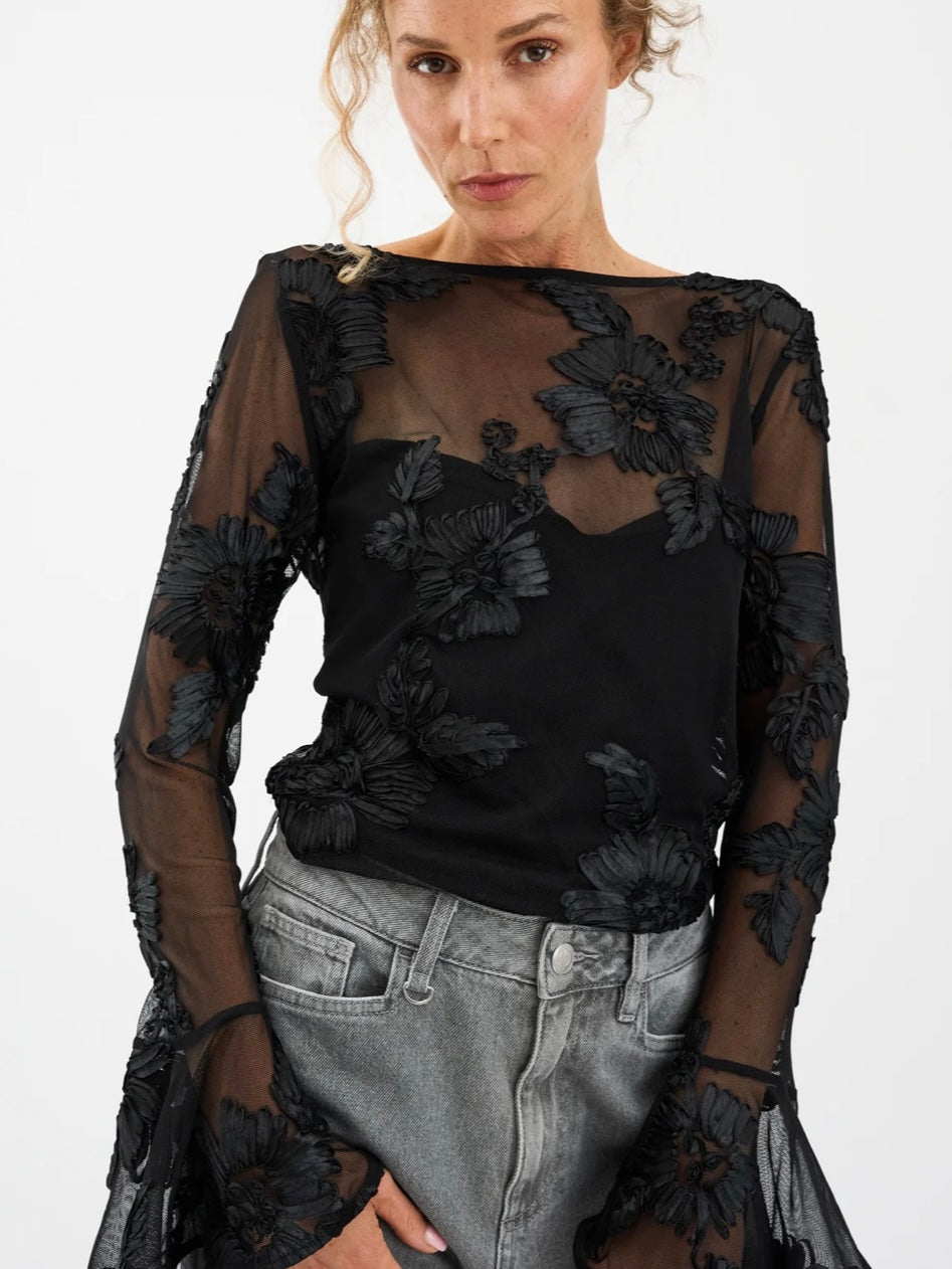 Pieszak Melia Flounce Sleeve Mesh Blouse-Black
