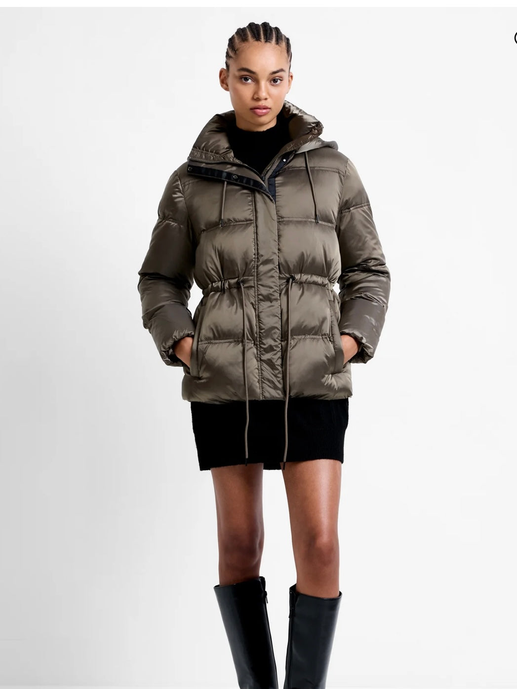 French Connection Kendra Hooded Puffer Jacket-Khaki