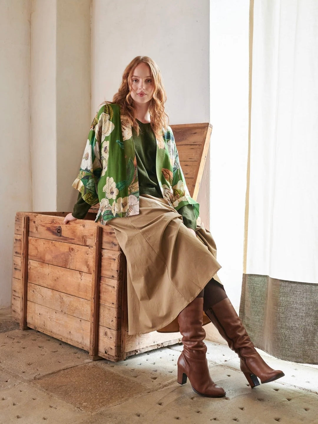 One Hundred Stars Rhodoleia Green Kimono