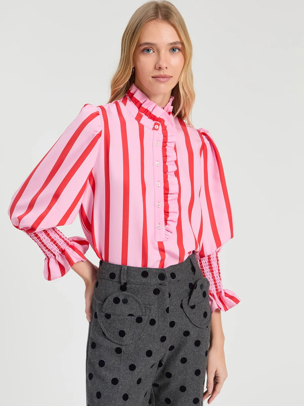 Vilagallo Pink & Red Stripe Shirt with Ruffles