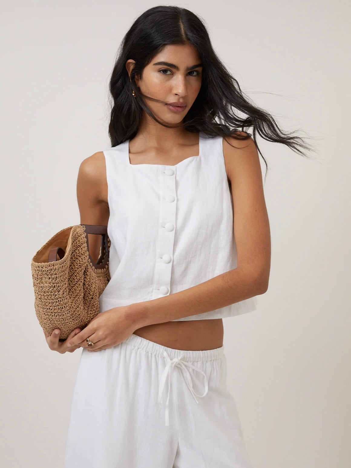 Nobody's Child Sammie Button Front White Linen Blend Top
