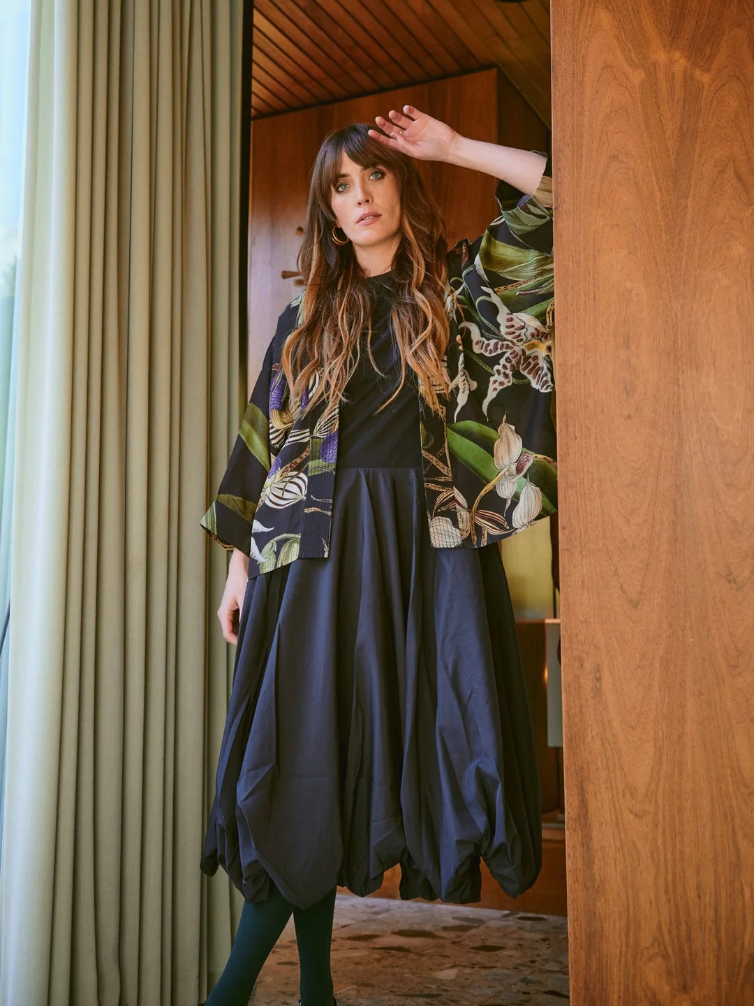 One Hundred Stars Orchid Black Crepe Kimono