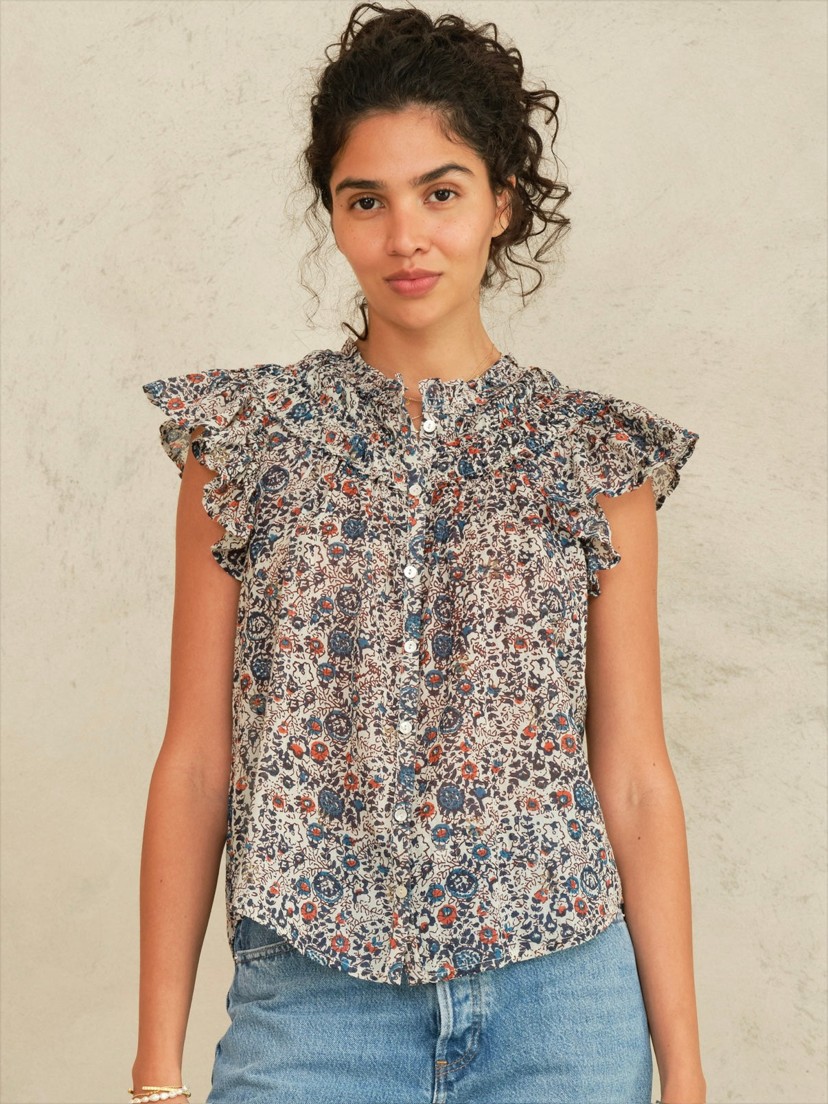 M.A.B.E. Cass Print Frill Top-Indigo
