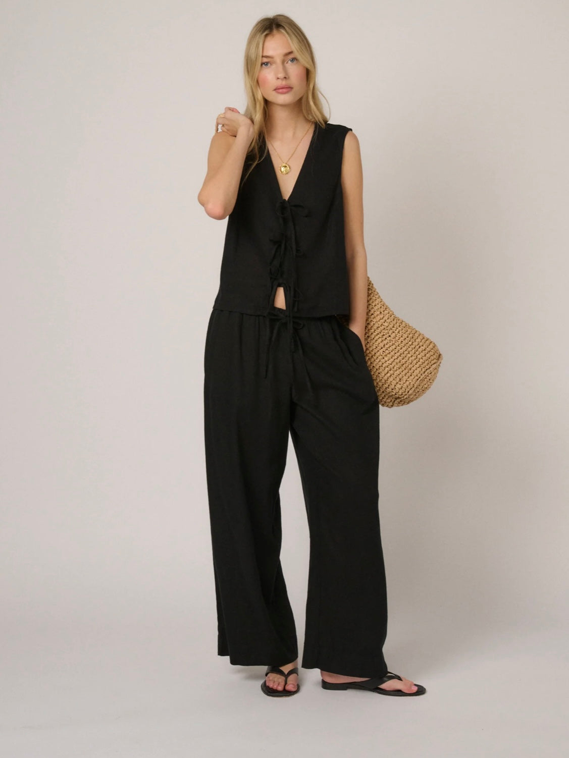 Nobody's Child Black Linen-blend tie front Tessa Top