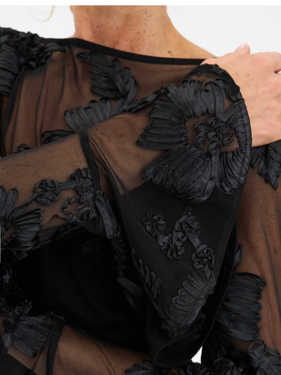 Pieszak Melia Flounce Sleeve Mesh Blouse-Black