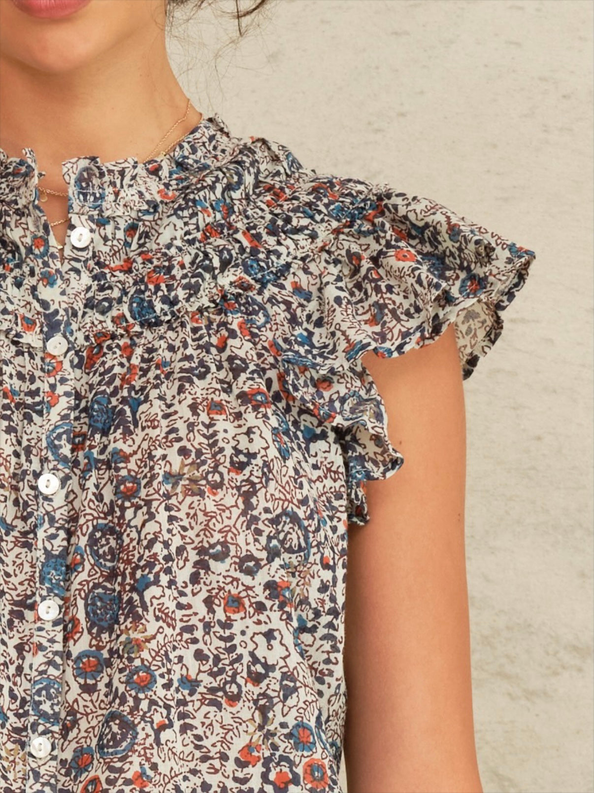 M.A.B.E. Cass Print Frill Top-Indigo