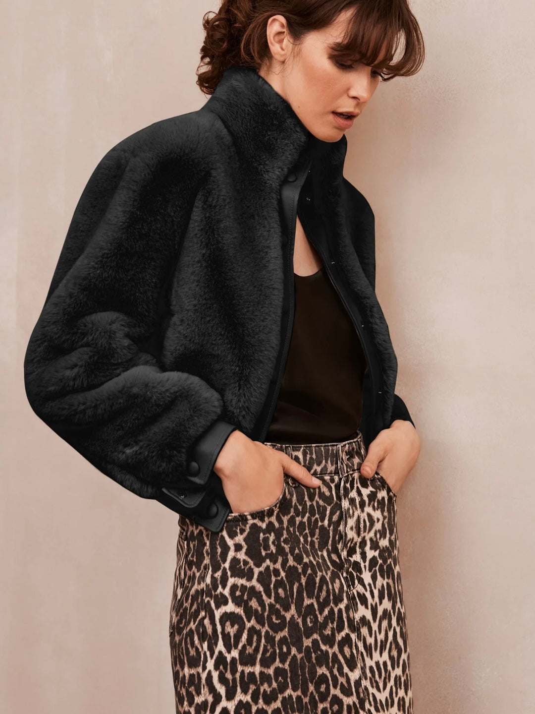 Issy London Jolie Black Faux Fur Bomber Jacket