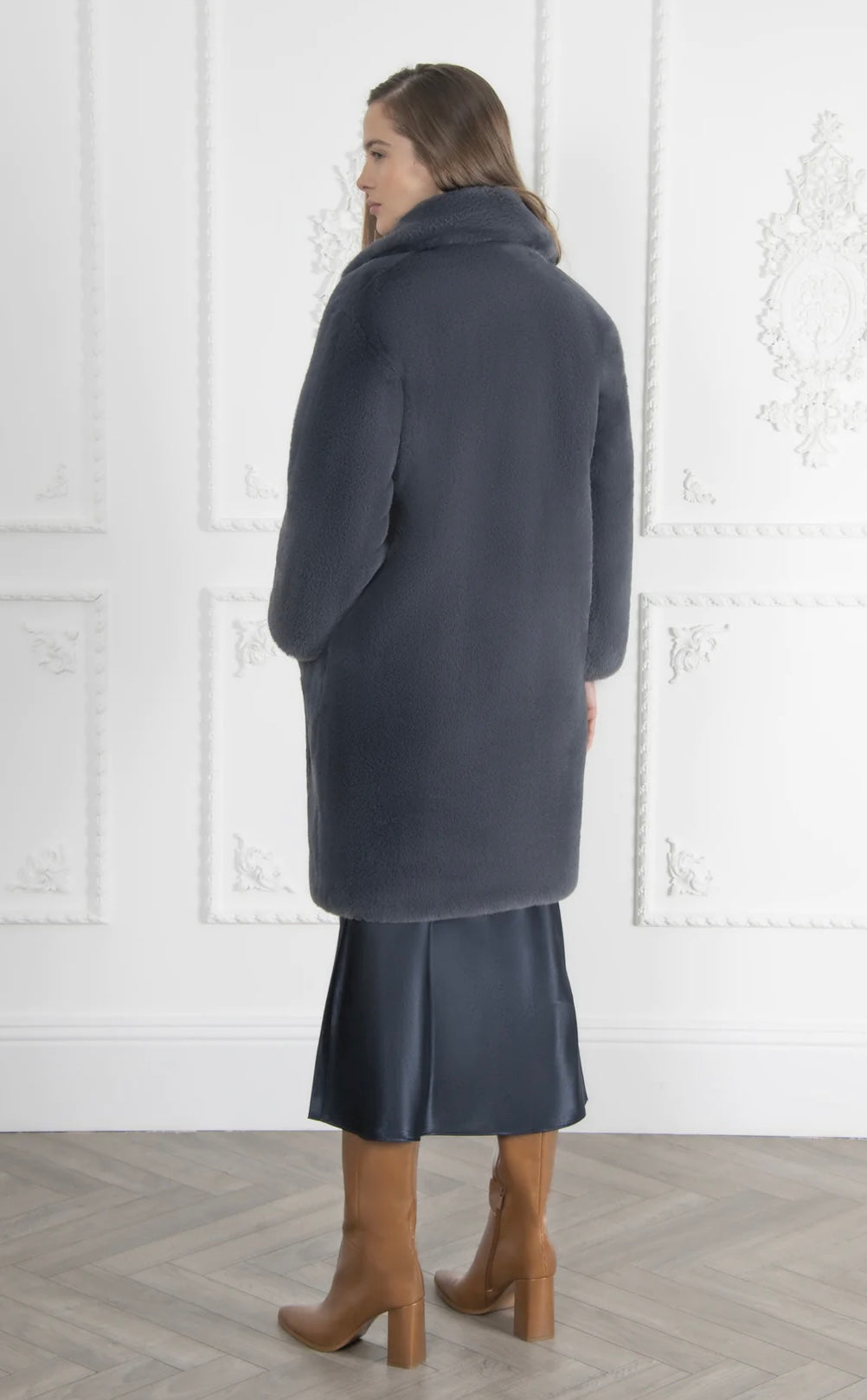 Issy London Greta Longline Luxe Faux Fur Coat Slate Grey