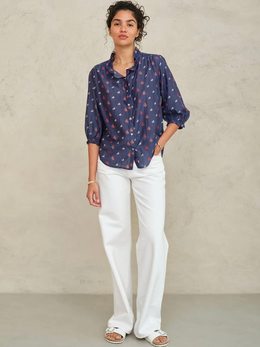 M.A.B.E Auden Print Cotton Silk Top-Indigo