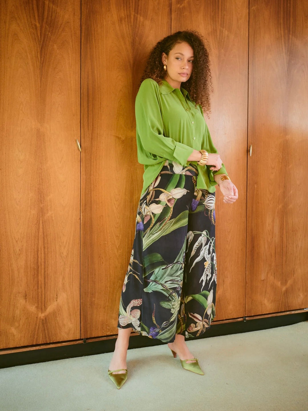 One Hundred Stars Orchid Black Crepe Palazzo Pants