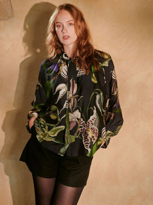 One Hundred Stars Orchid Black Pussy Bow Blouse