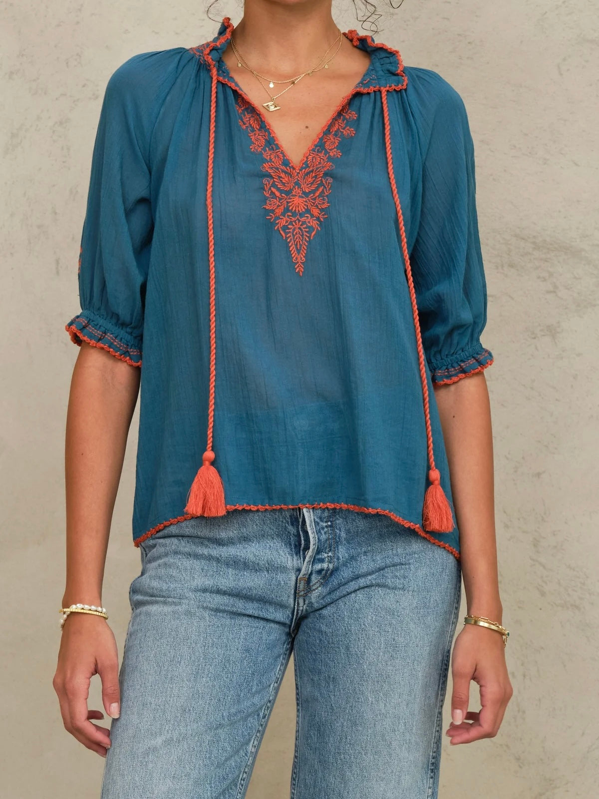 M.A.B.E Talia Embroidered Top-Blue/Orange