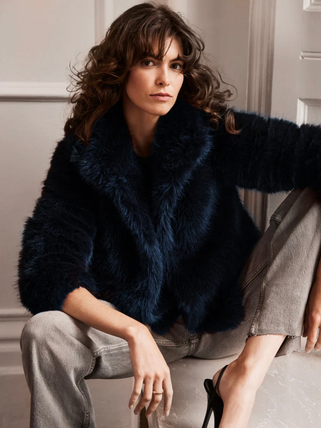 Issy London Halle Deep Navy Blue Faux Fur Jacket
