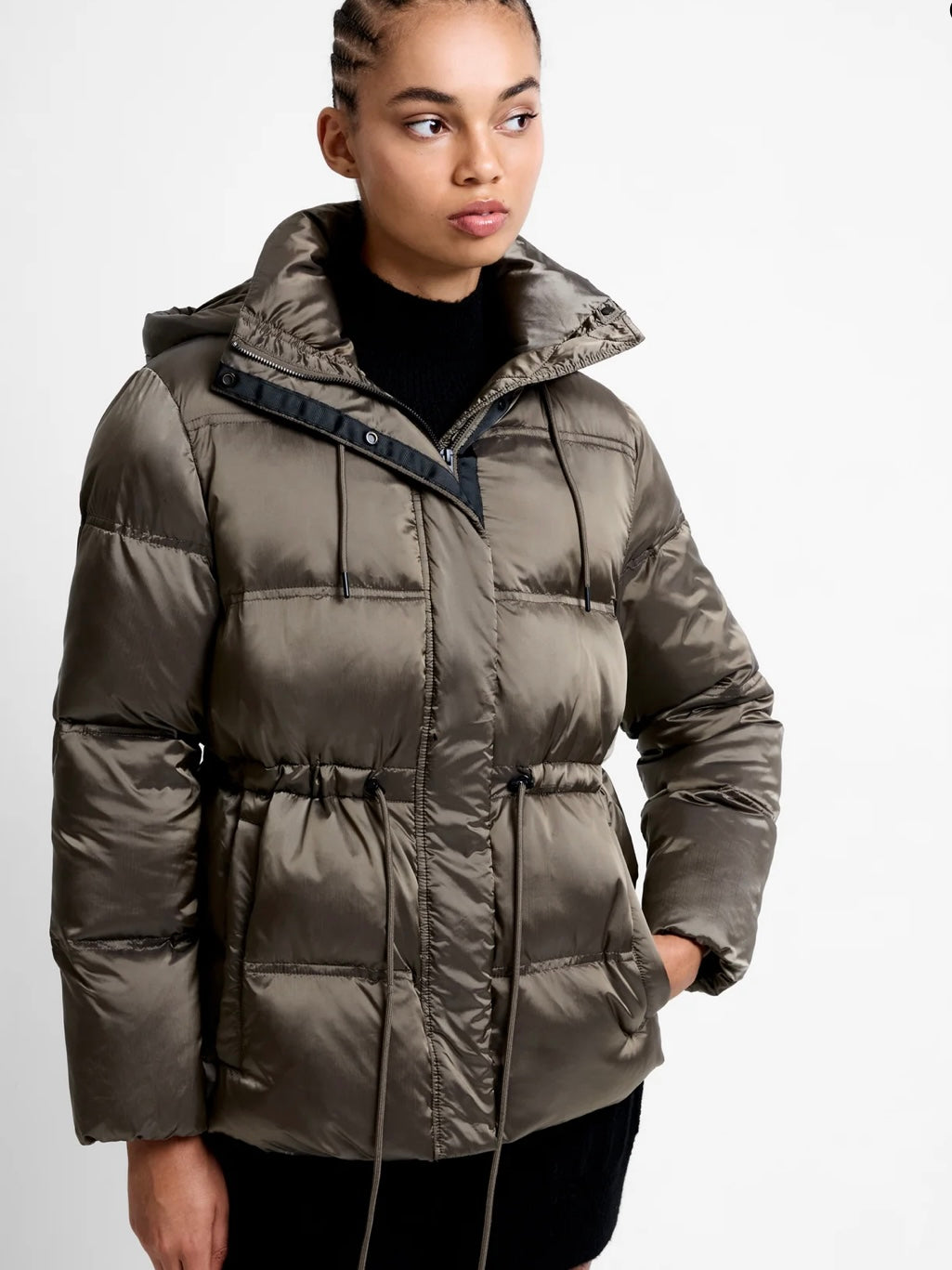 French Connection Kendra Hooded Puffer Jacket-Khaki
