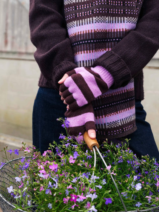 Quinton + Chadwick Stripe Fingerless gloves- Chocolate & Lilac