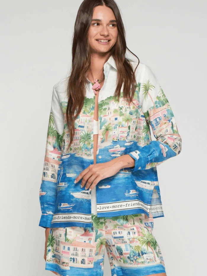 Vilagallo Coastal City Print Linen Shirt