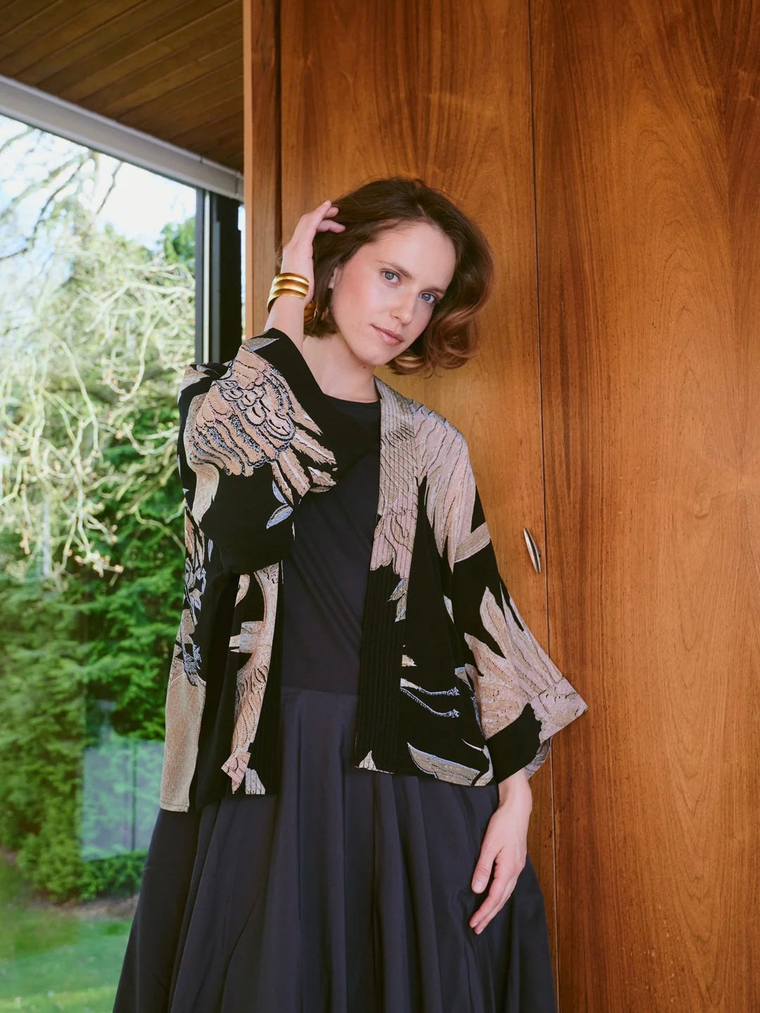 One Hundred Stars Crane Black Crepe Kimono