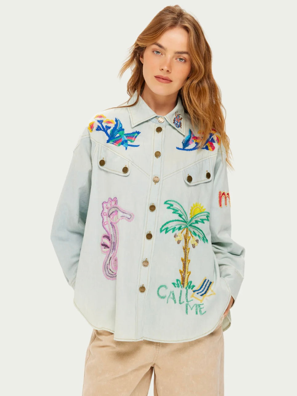 Me369 Adelyn Light Blue Oversized Embroidered Shirt
