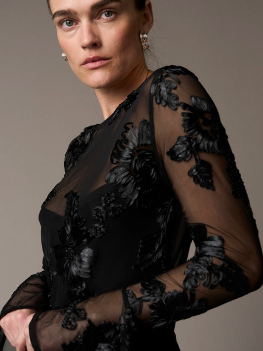 Pieszak Melia Flounce Sleeve Mesh Blouse-Black