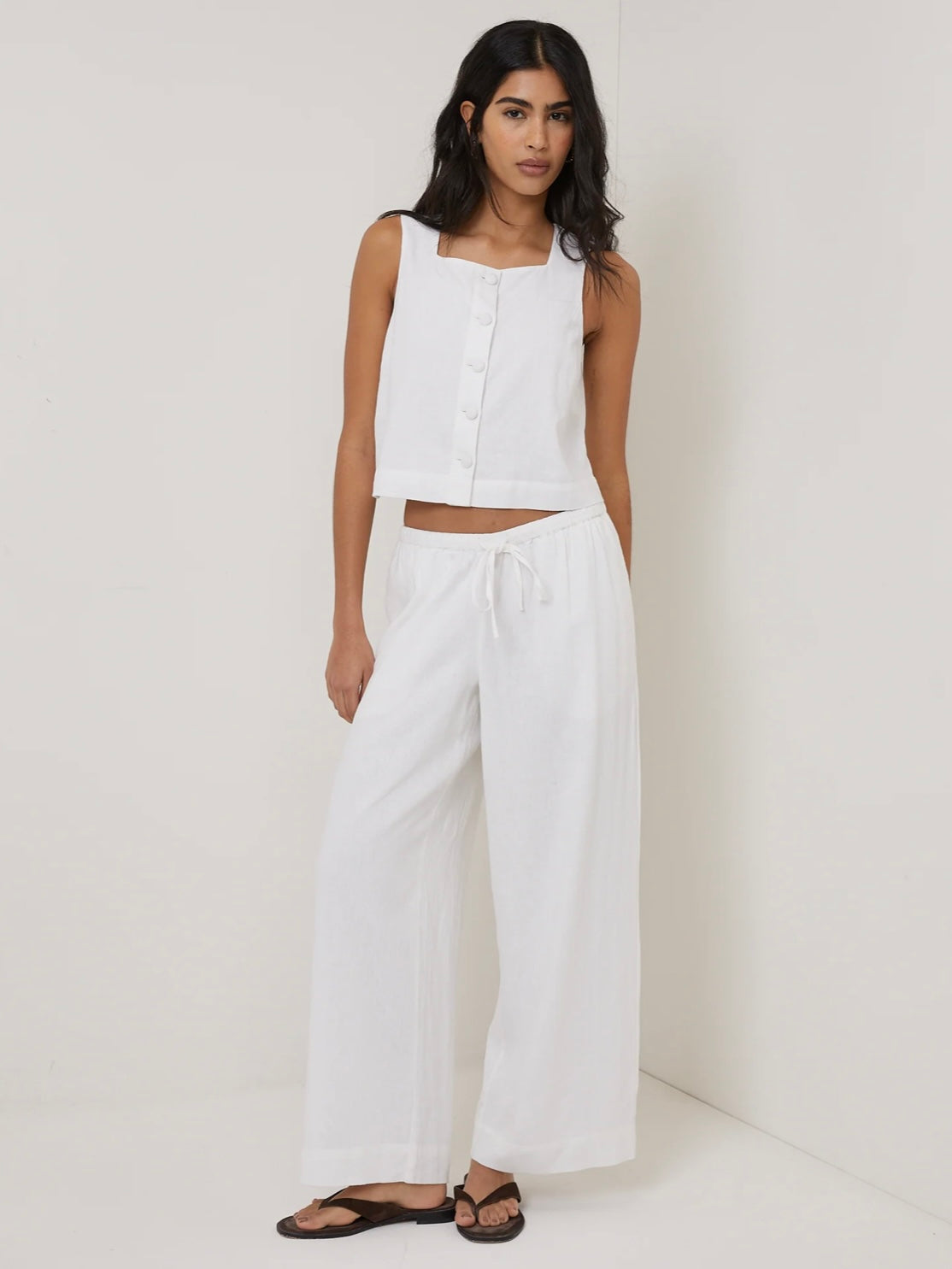 Nobody's Child Sammie Button Front White Linen Blend Top