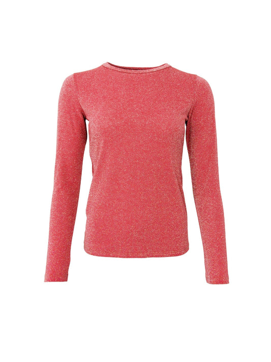 Black Colour Faye Long Sleeve Lurex Top-Coral Red