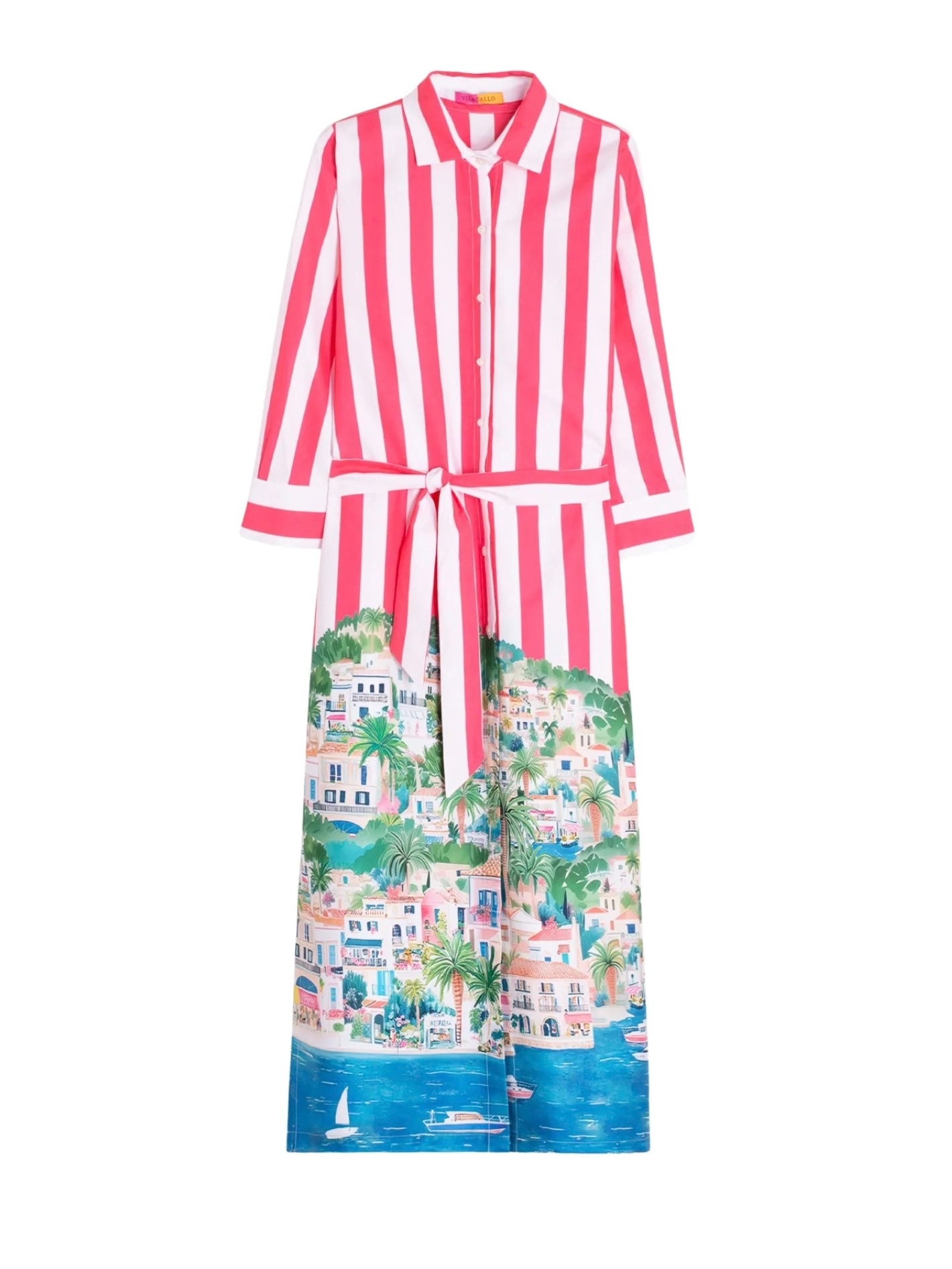 Vilagallo Striped Shirt Dress with Coastal Scene