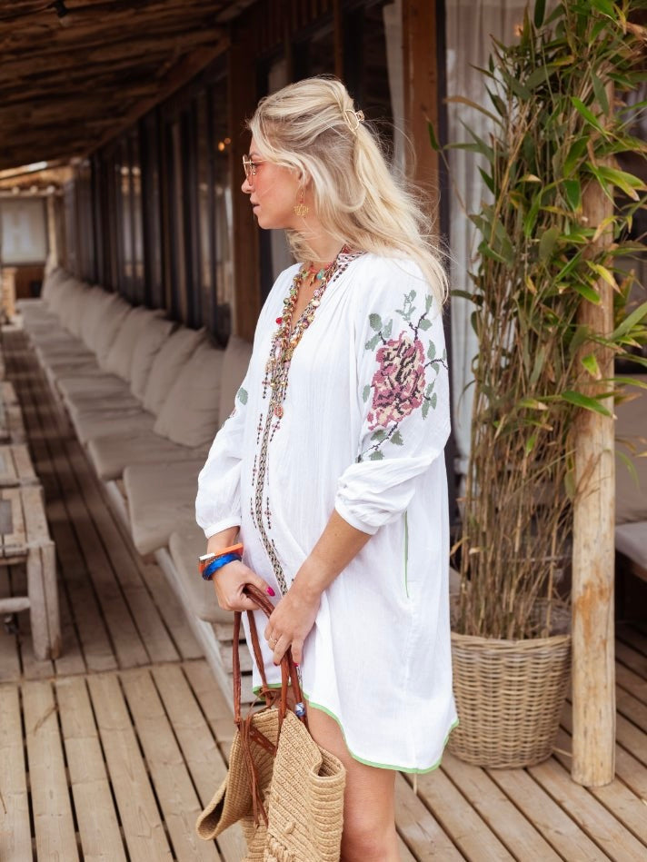 Place du Soleil Embroidered Rose Tunic Dress