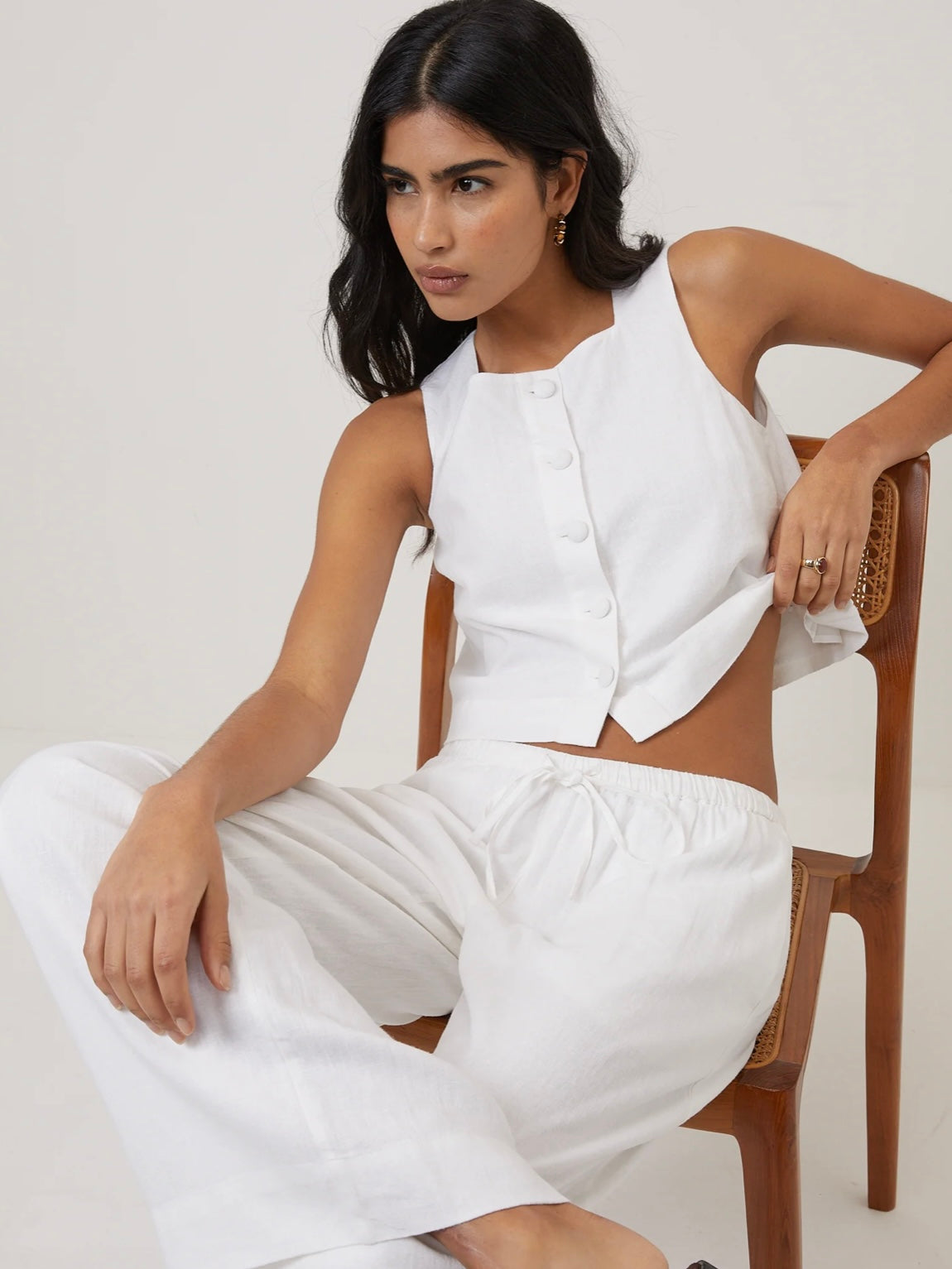 Nobody's Child Sammie Button Front White Linen Blend Top