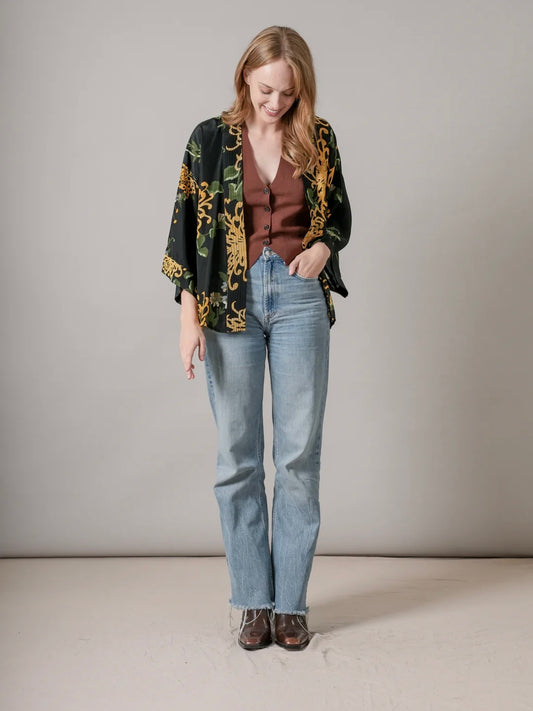One Hundred Stars Chrysanthemum Black Crepe Kimono