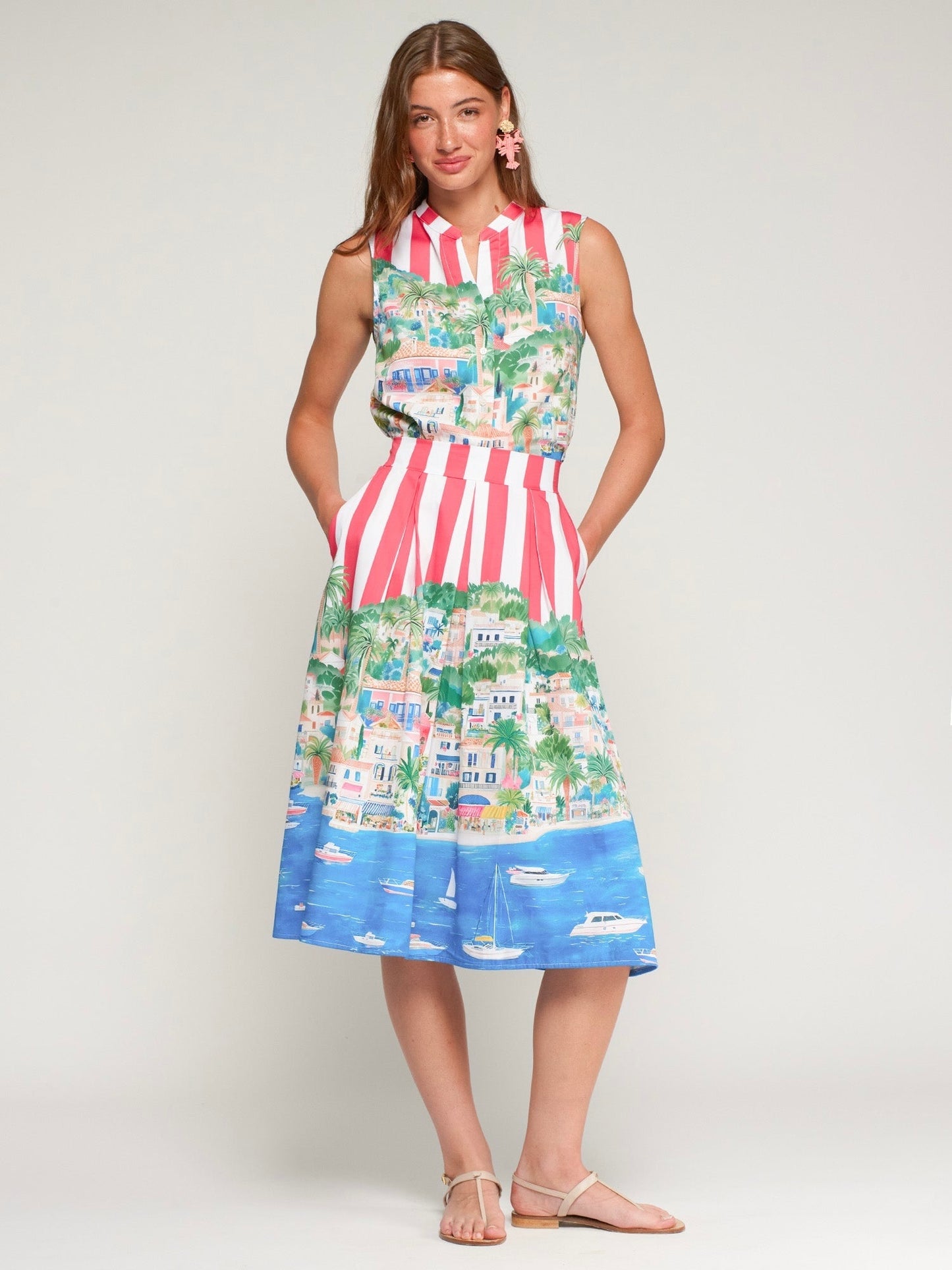 Vilagallo Red Striped Skirt with Coastal Print