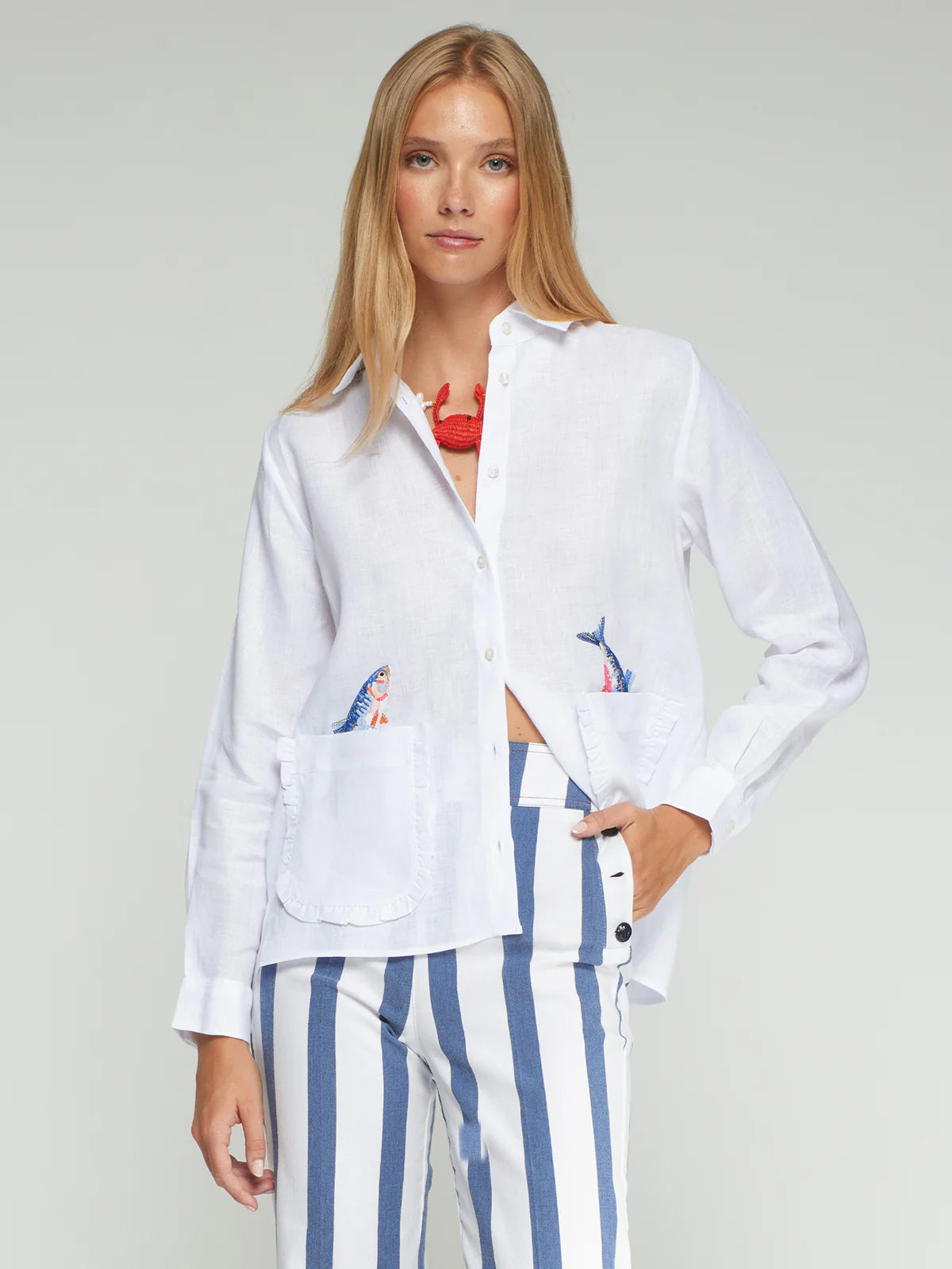 Vilagallo White Linen Shirt with Embroidered Fish