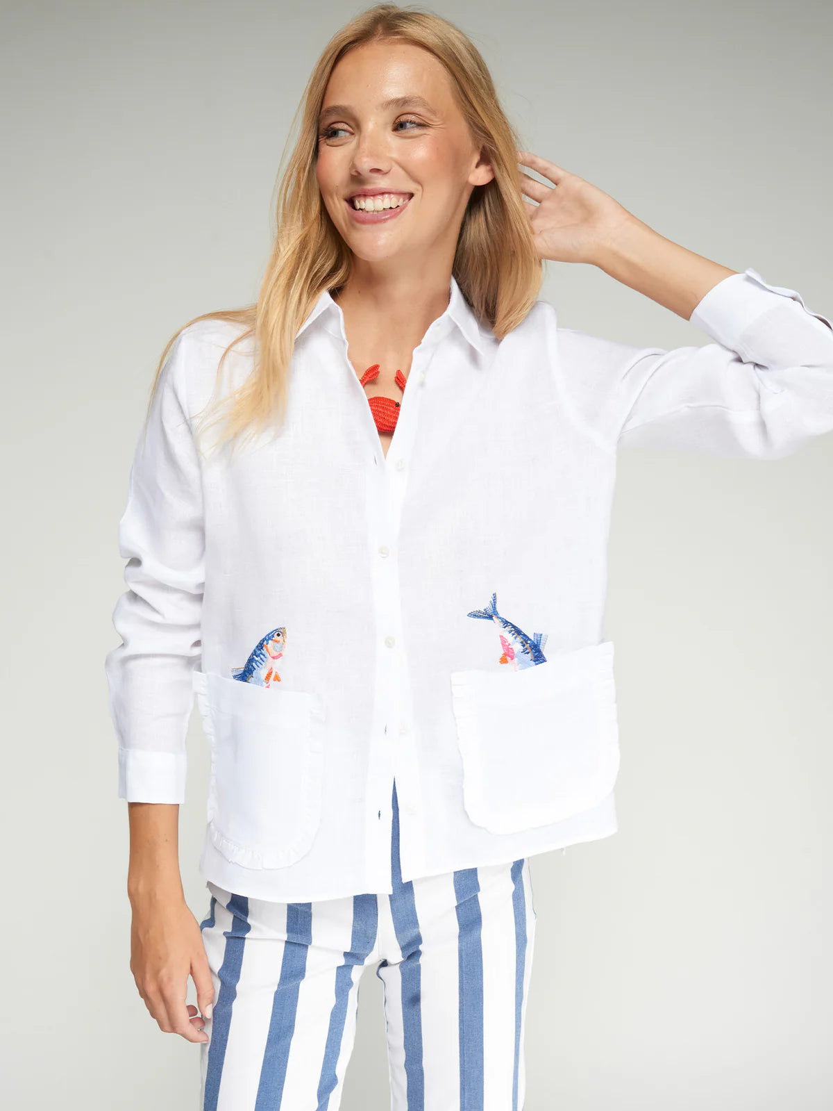Vilagallo White Linen Shirt with Embroidered Fish