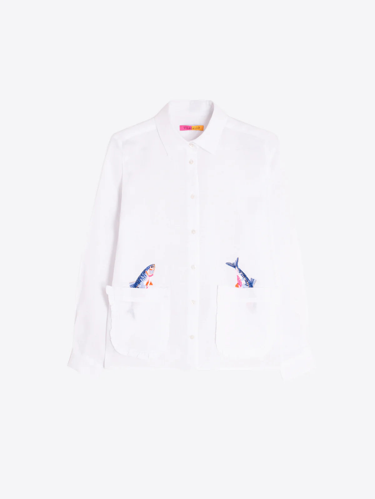 Vilagallo White Linen Shirt with Embroidered Fish