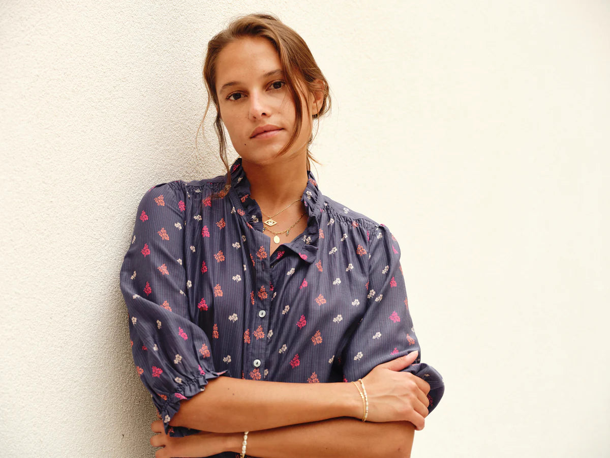 M.A.B.E Auden Print Cotton Silk Top-Indigo