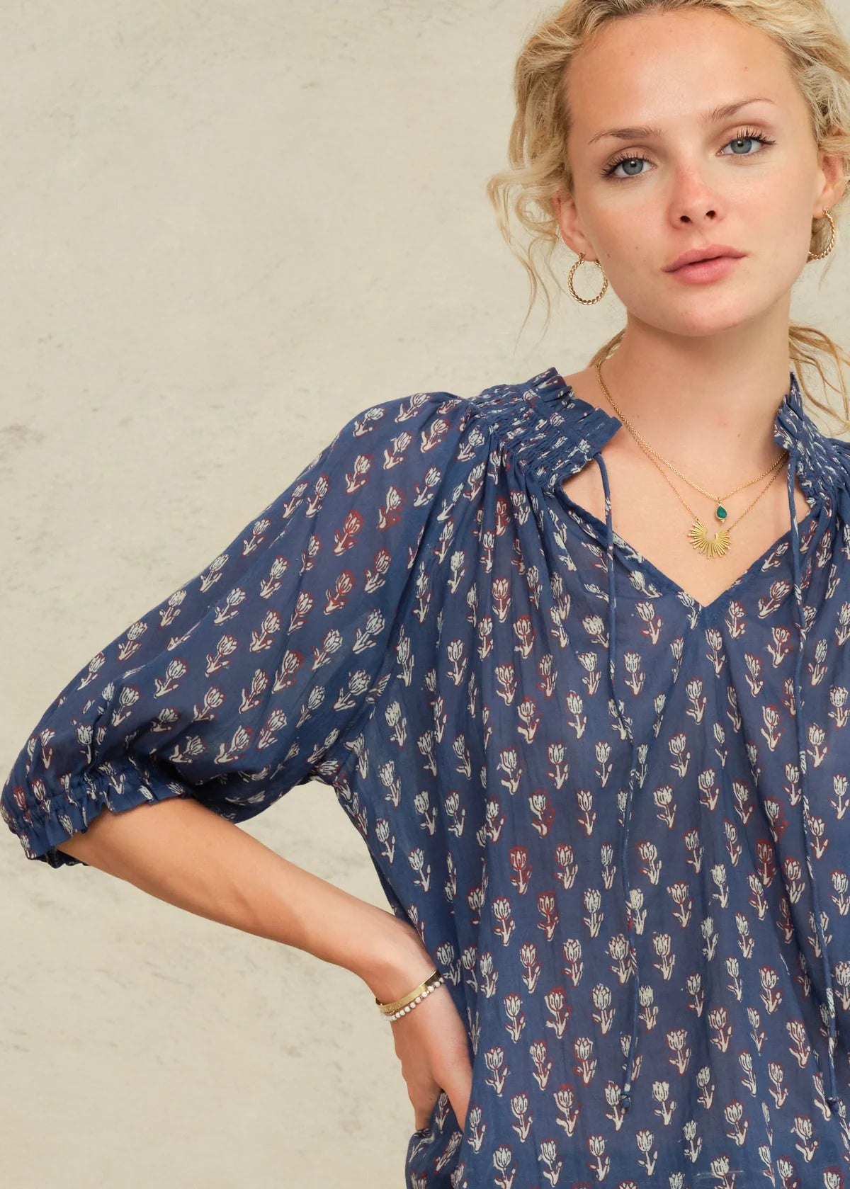 M.A.B.E Ari Print Short Sleeve Top-Indigo