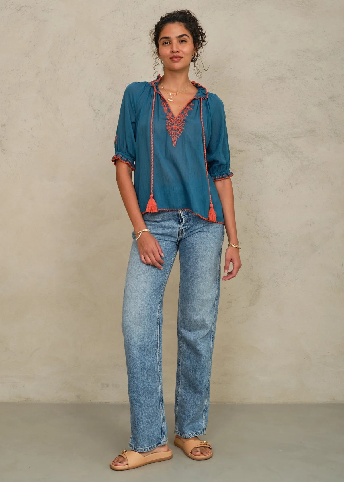 M.A.B.E Talia Embroidered Top-Blue/Orange