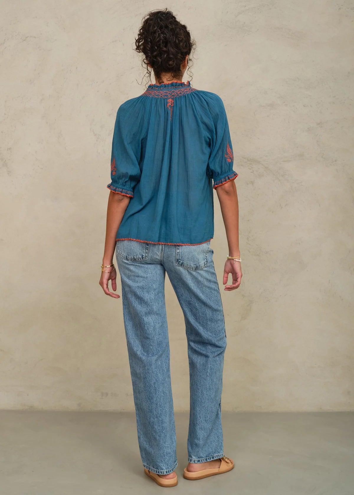 M.A.B.E Talia Embroidered Top-Blue/Orange