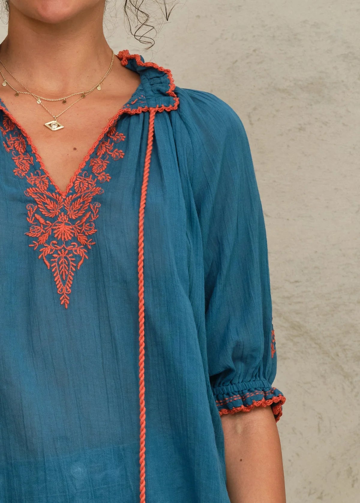 M.A.B.E Talia Embroidered Top-Blue/Orange