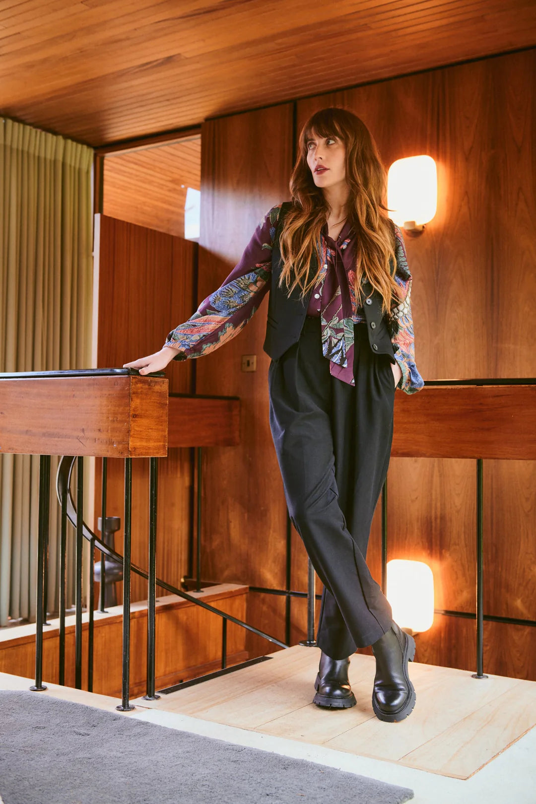 One Hundred Stars Crane Plum Pussy Bow Blouse