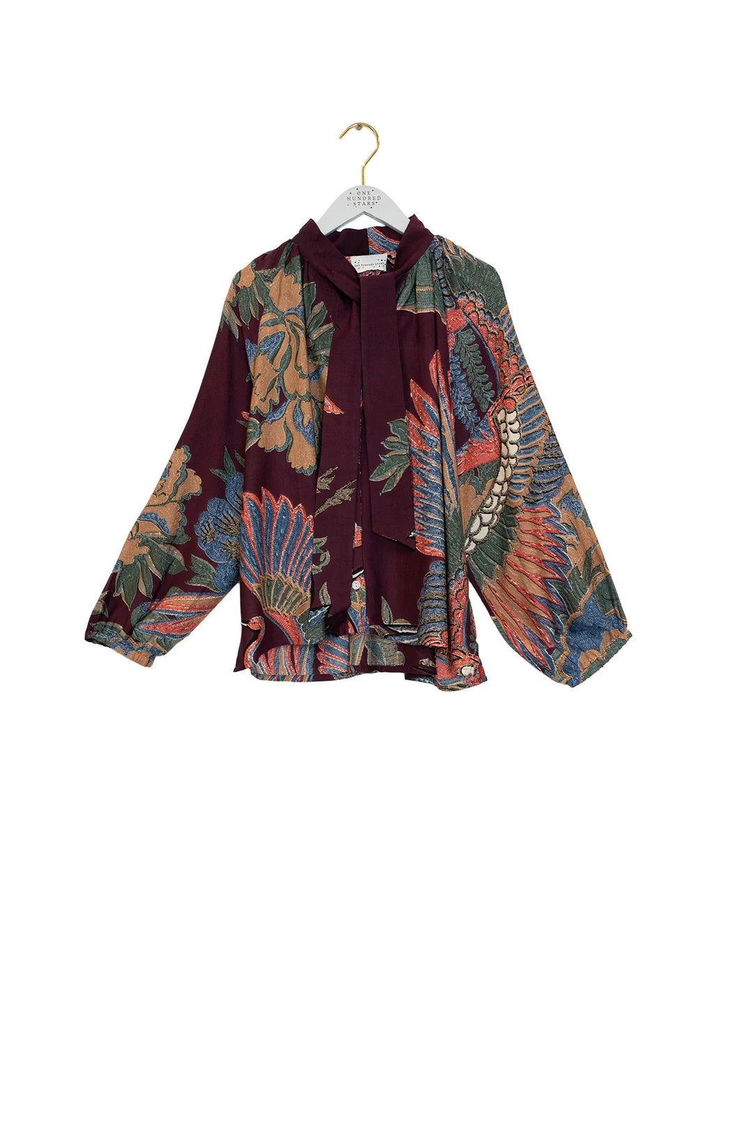 One Hundred Stars Crane Plum Pussy Bow Blouse