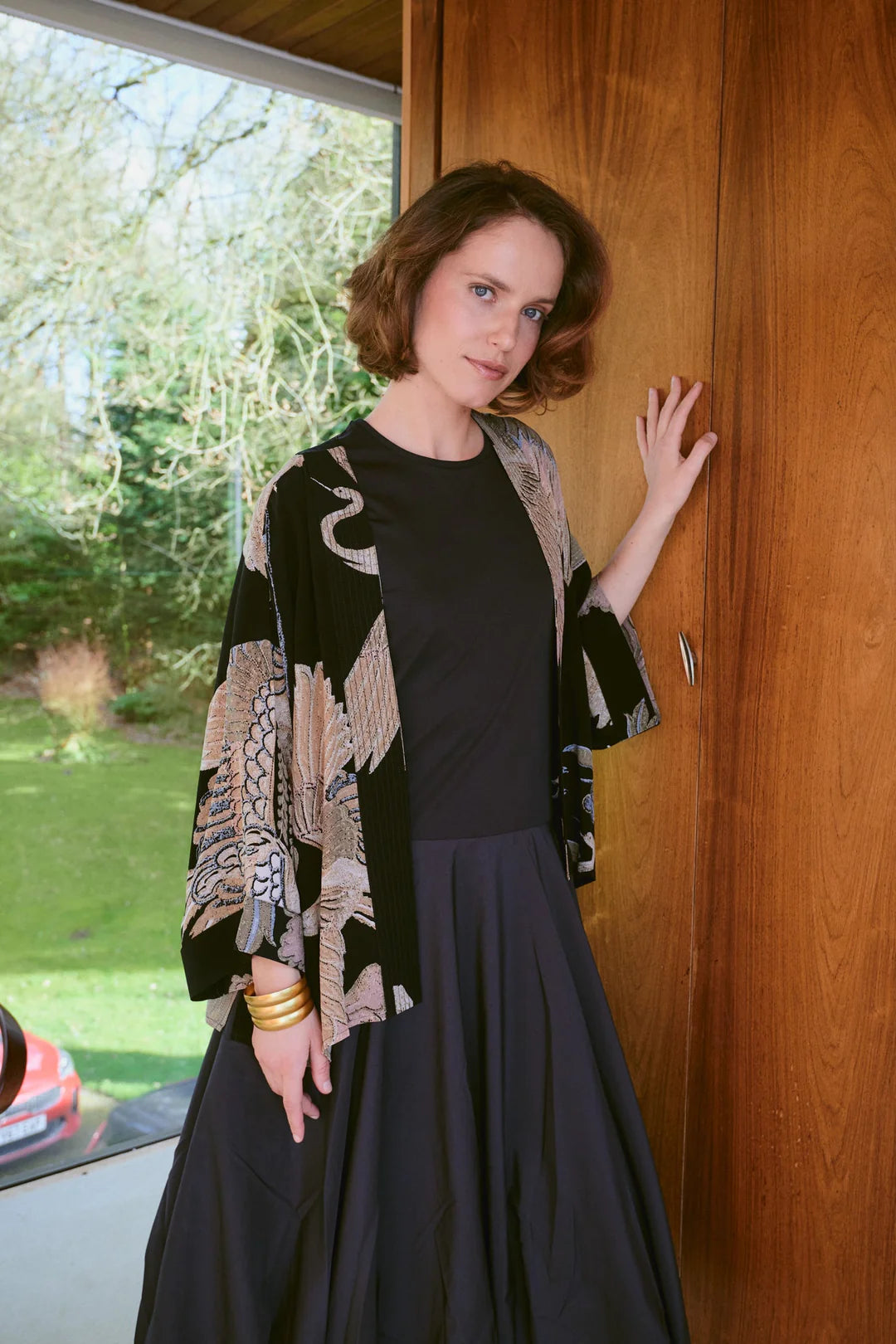 One Hundred Stars Crane Black Crepe Kimono