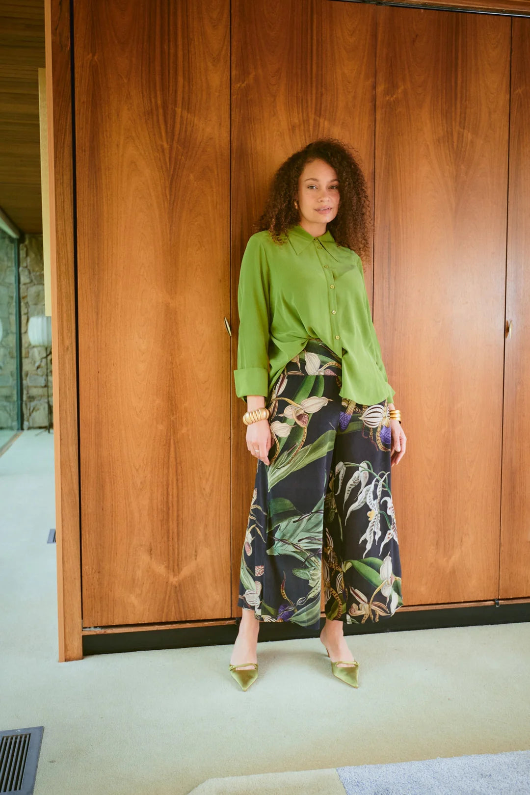 One Hundred Stars Orchid Black Crepe Palazzo Pants