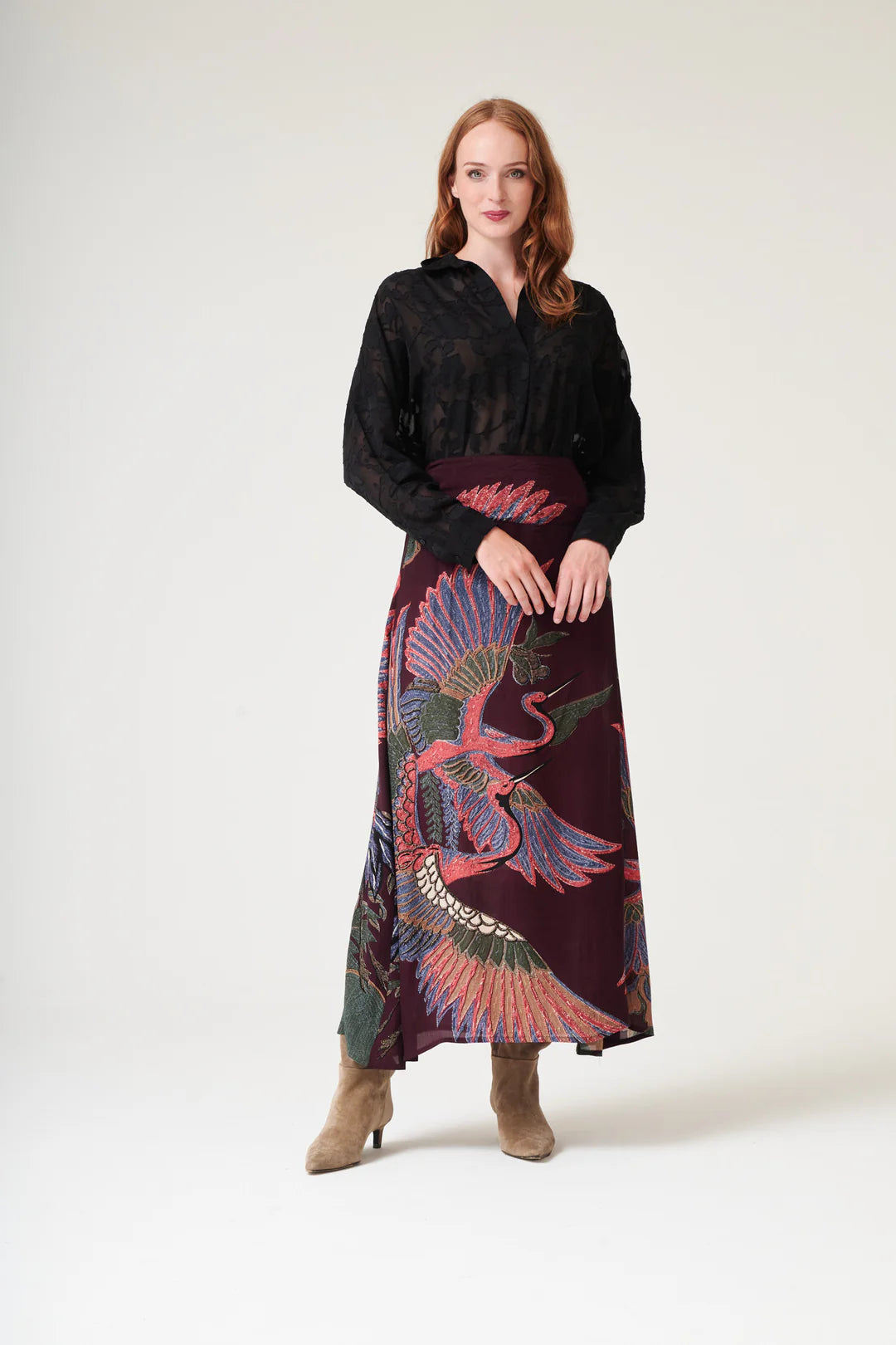One Hundred Stars Crane Plum A-line Maxi Skirt
